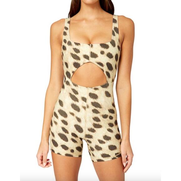 WeWoreWhat Tan Black Leopard Print Sleeveless Square Neck Cutout Bodysuit Sz XL - Picture 1 of 7